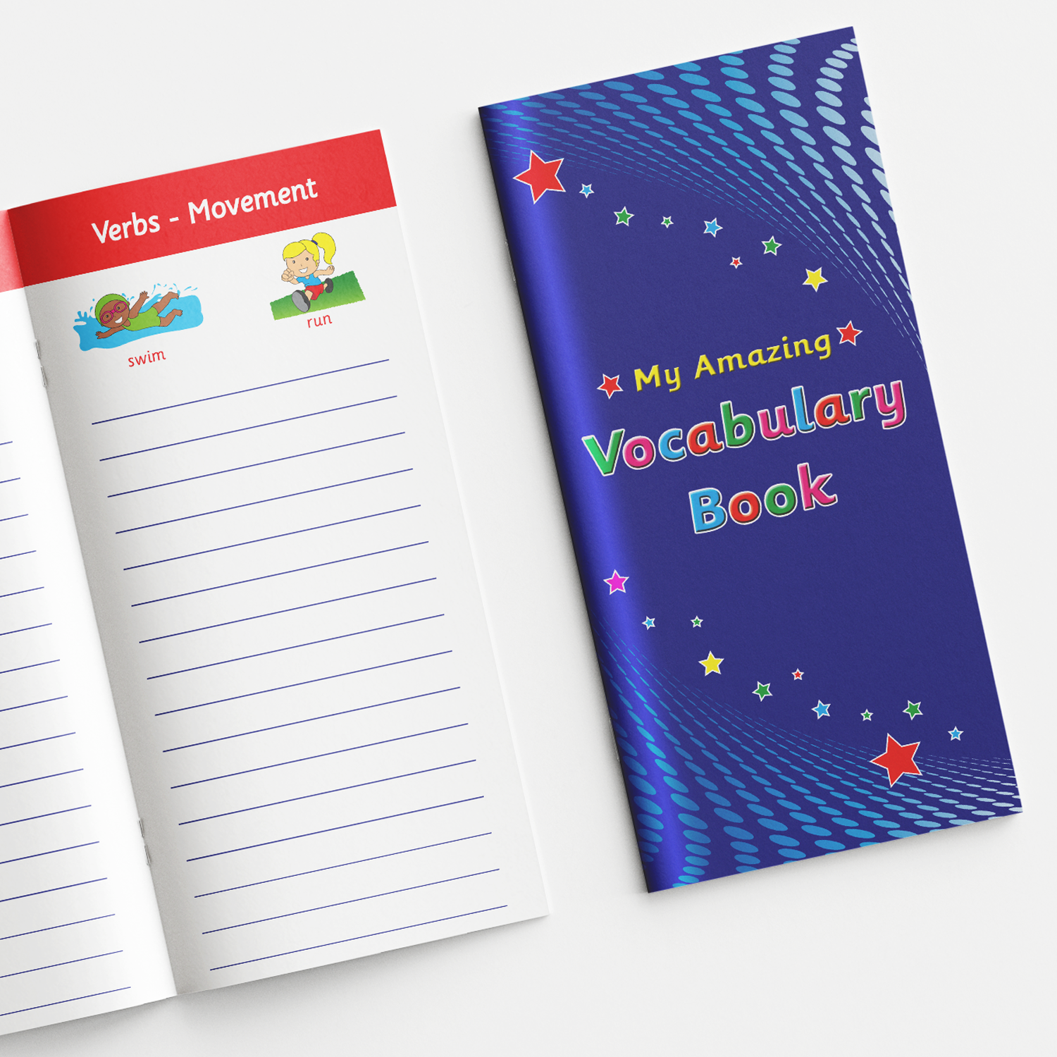Colourful 'My Amazing Vocabulary Book' with a deep blue cover decorated with stars, swirling patterns, and rainbow-coloured text. The open page beside it is titled 'Verbs – Movement' and features illustrated examples of the words 'Swim' and 'Run', each with lined space below for writing.