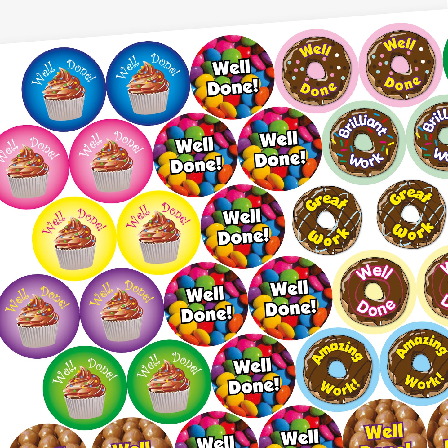Sheet of 32mm chocolate-scented reward stickers featuring assorted colourful designs, including smiling chocolate characters, cupcakes, doughnuts, and sweets, each displaying motivational phrases like 'Well Done' and 'Amazing Work'; designed for rewarding pupils' achievements.