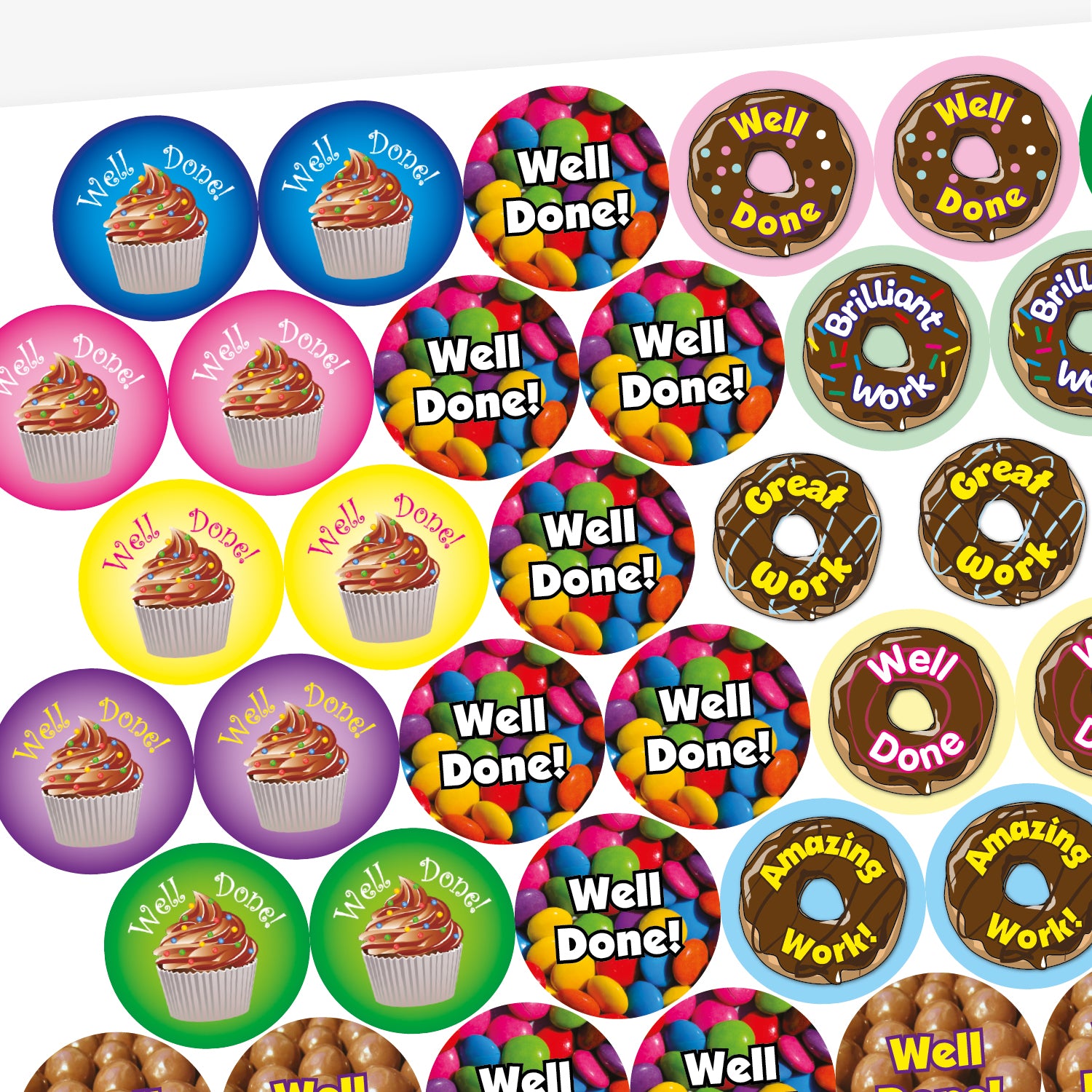 Sheet of 32mm chocolate-scented reward stickers featuring assorted colourful designs, including smiling chocolate characters, cupcakes, doughnuts, and sweets, each displaying motivational phrases like 'Well Done' and 'Amazing Work'; designed for rewarding pupils' achievements.