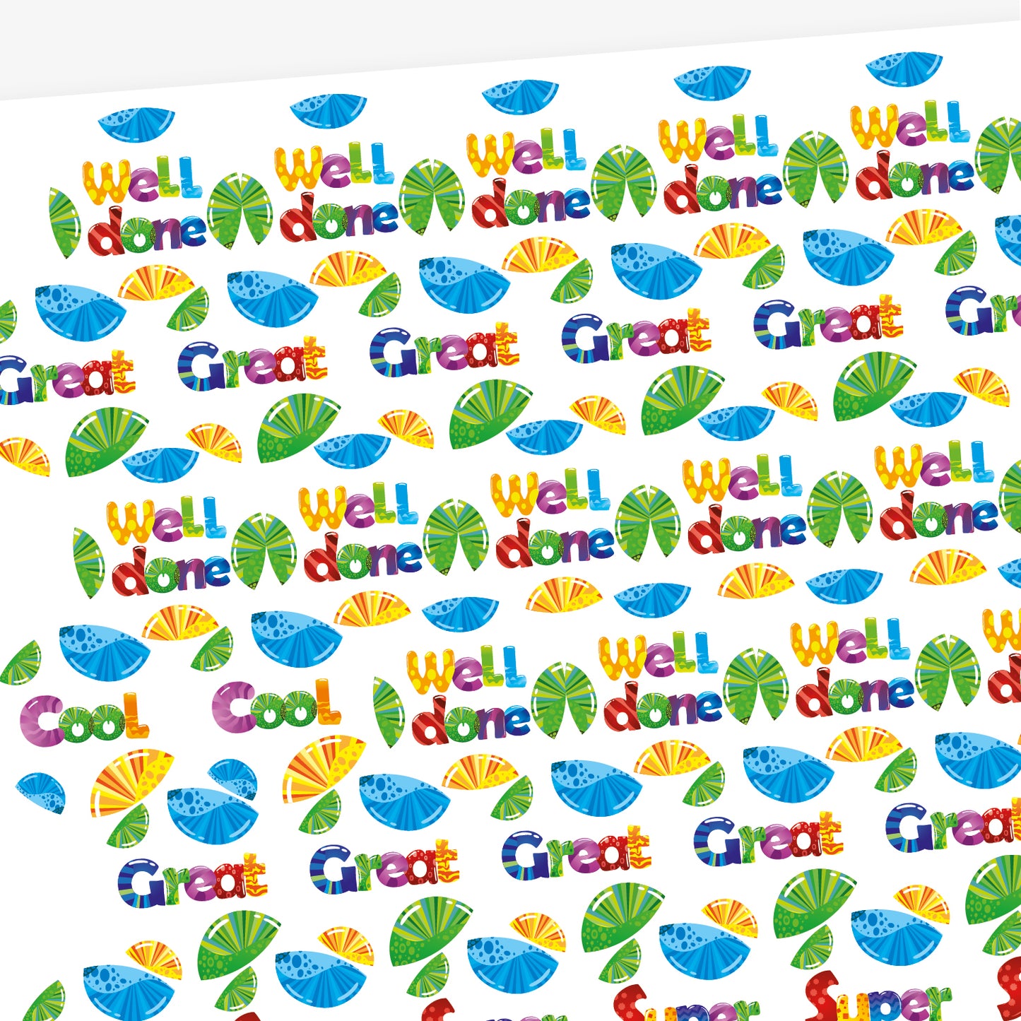 A sheet of 32mm circular stickers with bubble-gum scent.  Featuring semi circle fruit pieces surrounding phrases such as 'Well done', 'Super', and 'Great'. 