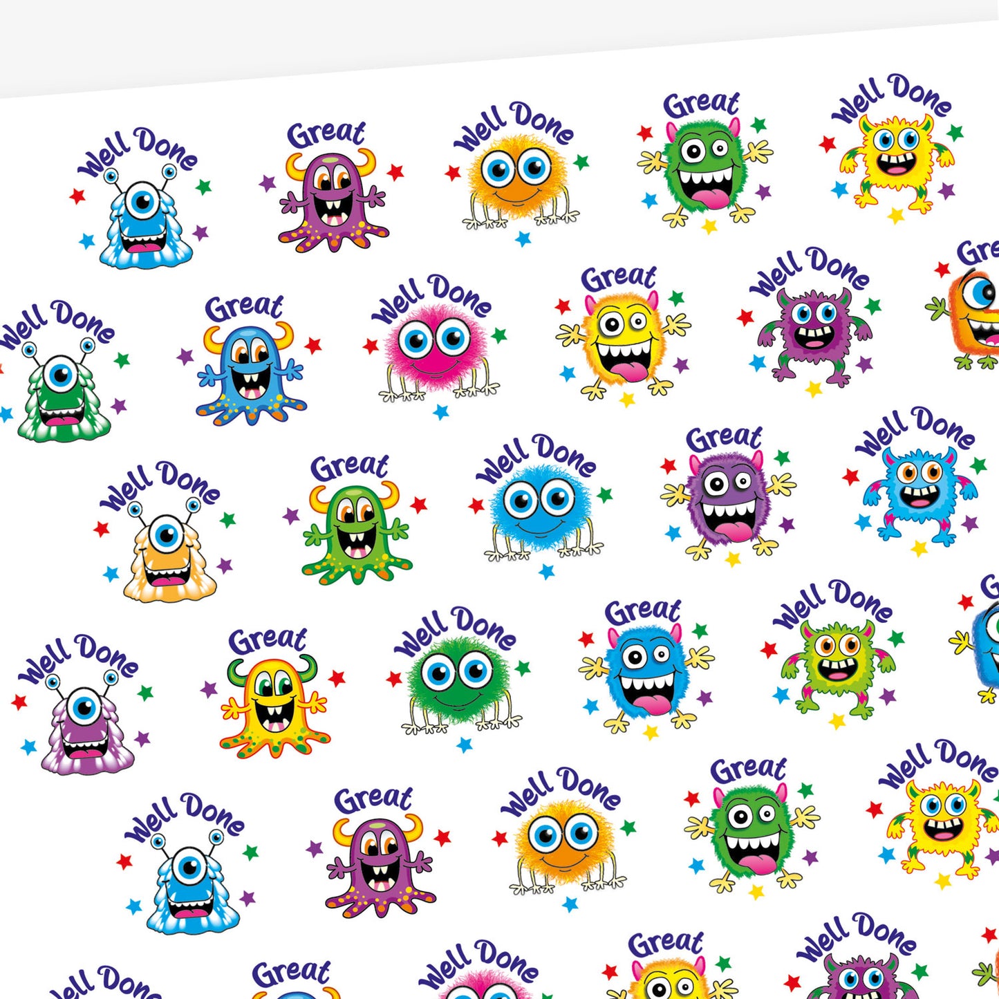 A sheet of 32mm circular stickers featuring colourful cartoon monsters with expressive faces, each accompanied by motivational phrases such as 'Well Done' and 'Great', designed to be berry-scented when rubbed.