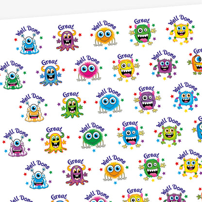 A sheet of 32mm circular stickers featuring colourful cartoon monsters with expressive faces, each accompanied by motivational phrases such as 'Well Done' and 'Great', designed to be berry-scented when rubbed.