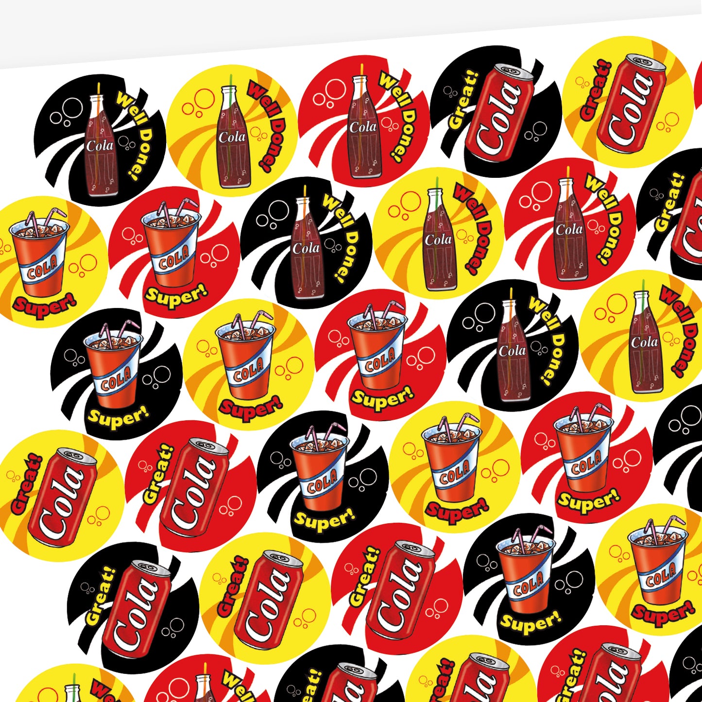 A sheet of 32mm circular stickers featuring various cola-themed designs, including cola bottles, cans, and cups with straws, each accompanied by motivational phrases such as 'Well Done', 'Great', and 'Super', designed to emit a cola scent when rubbed.