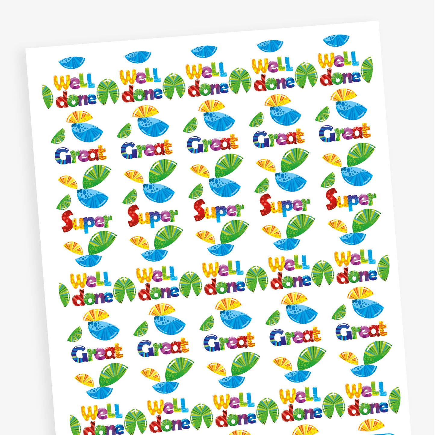 A sheet of 25mm circular stickers with bubblegum scent.  Featuring semi circles surrounding the phrase 'Well done', 'Great' and 'Super' 