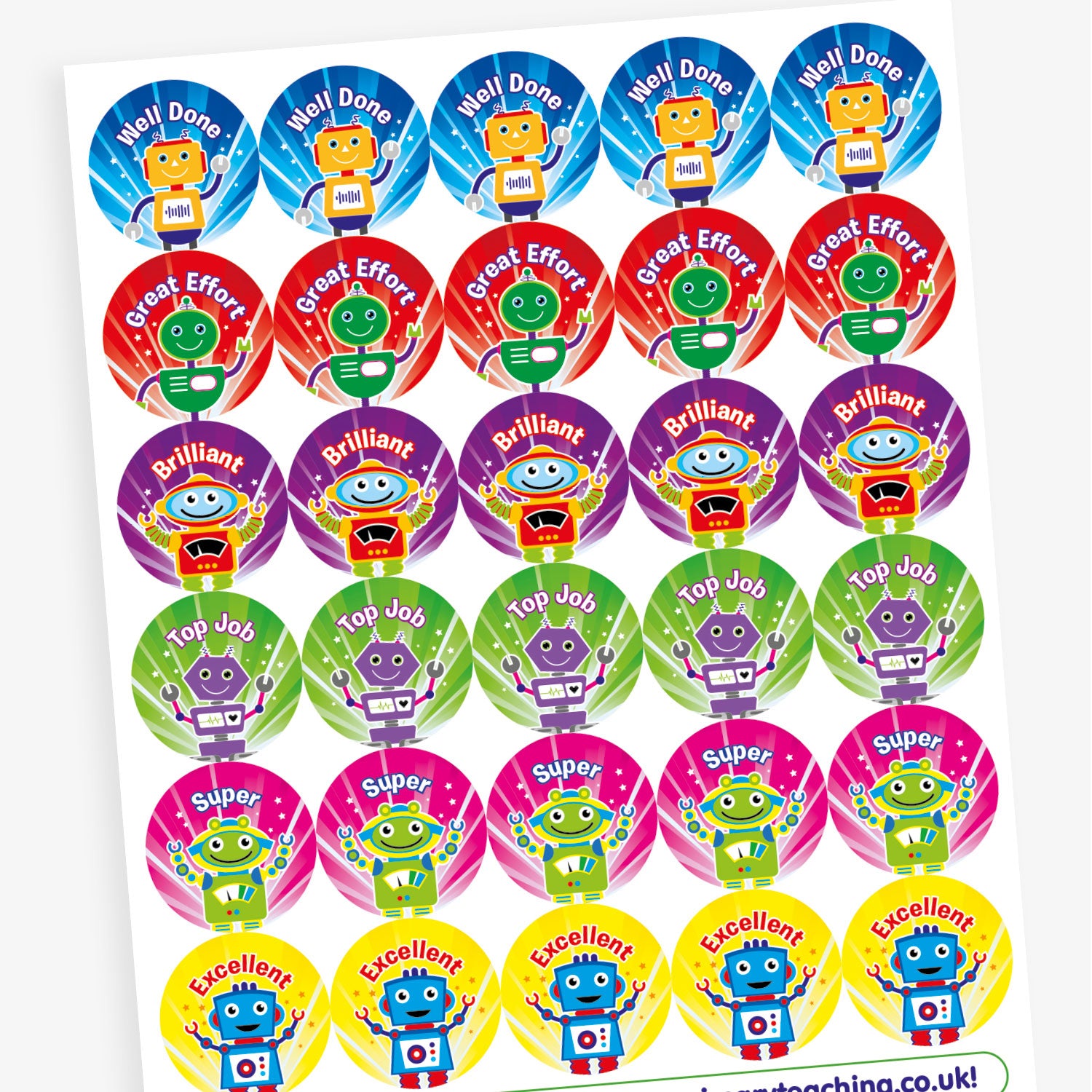 A sheet of 25mm circular stickers with tropical fruit scent.  Featuring colourful robots, each accompanied by motivational phrases such as 'Well Done' and 'Great Effort' and 'Excellent'. 