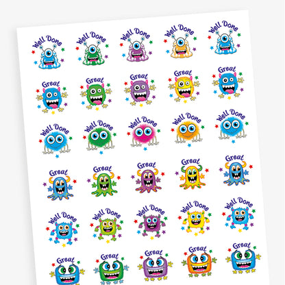Sheets of 25mm circular stickers featuring colourful cartoon monsters with expressive faces, each accompanied by motivational phrases such as 'Well Done' and 'Great', designed to be berry-scented when rubbed.