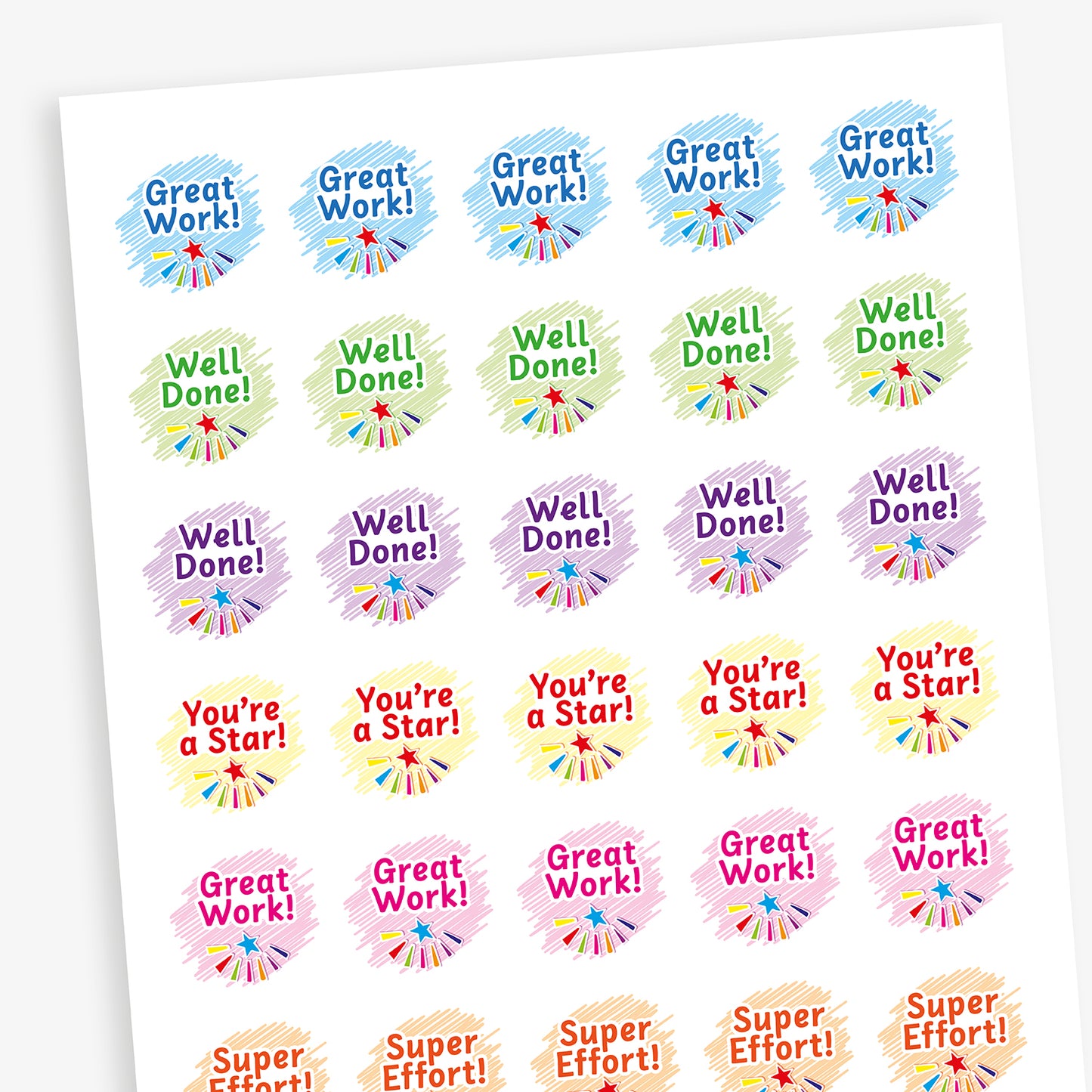 A sheet of 25mm circular stickers with berry scent.  Featuring pastel backgrounds with a start emitting different colours; each contains motivational phrases such as 'Well Done', Great Work' and 'You're a Star'