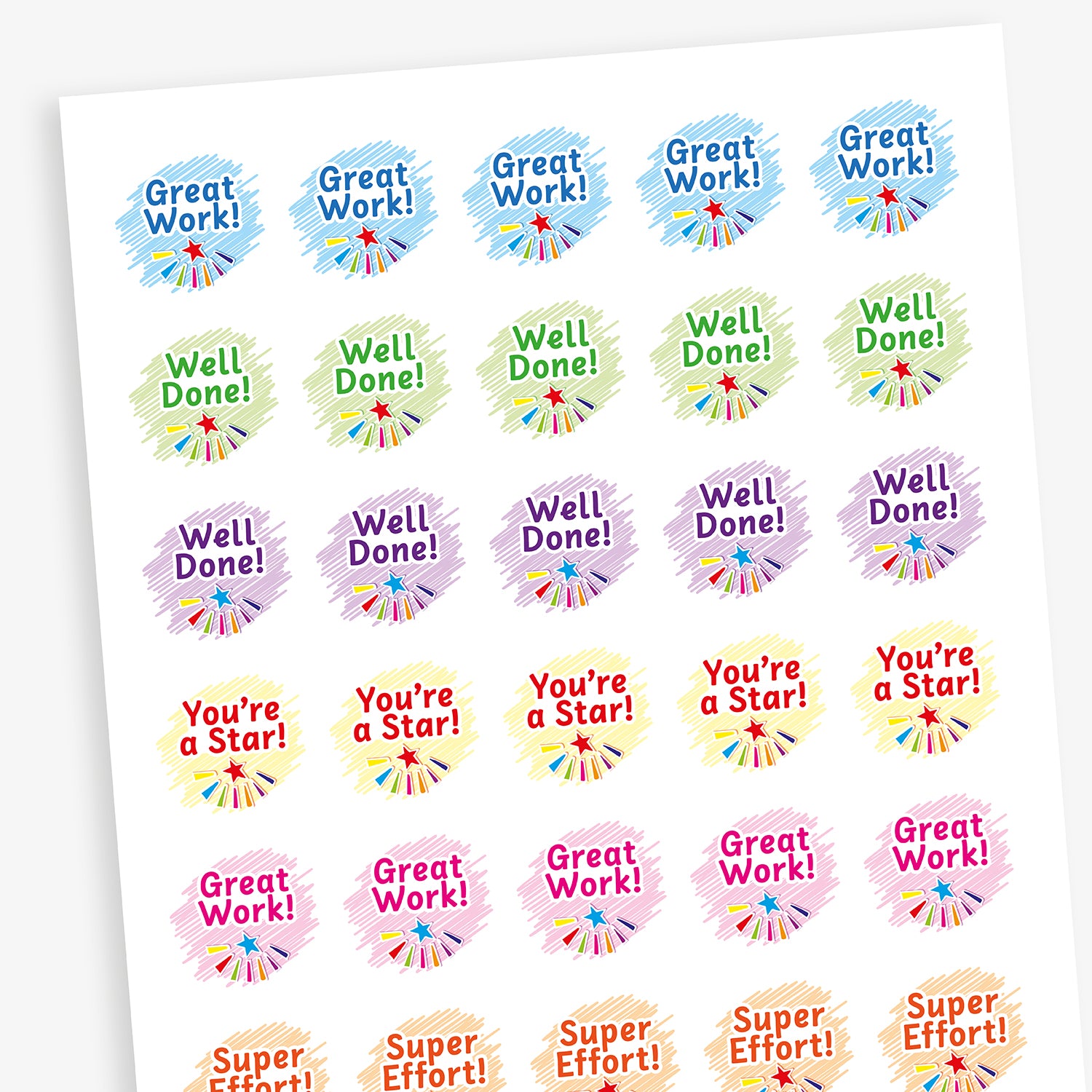 A sheet of 25mm circular stickers with berry scent.  Featuring pastel backgrounds with a start emitting different colours; each contains motivational phrases such as 'Well Done', Great Work' and 'You're a Star'