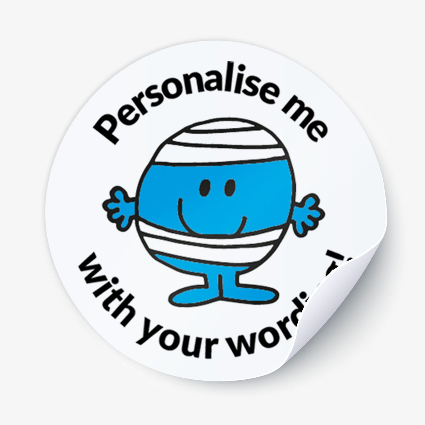 Circular sticker with a blue character and text 'Personalise me with your wording!' 