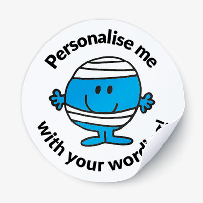 Circular sticker with a blue character and text 'Personalise me with your wording!' 