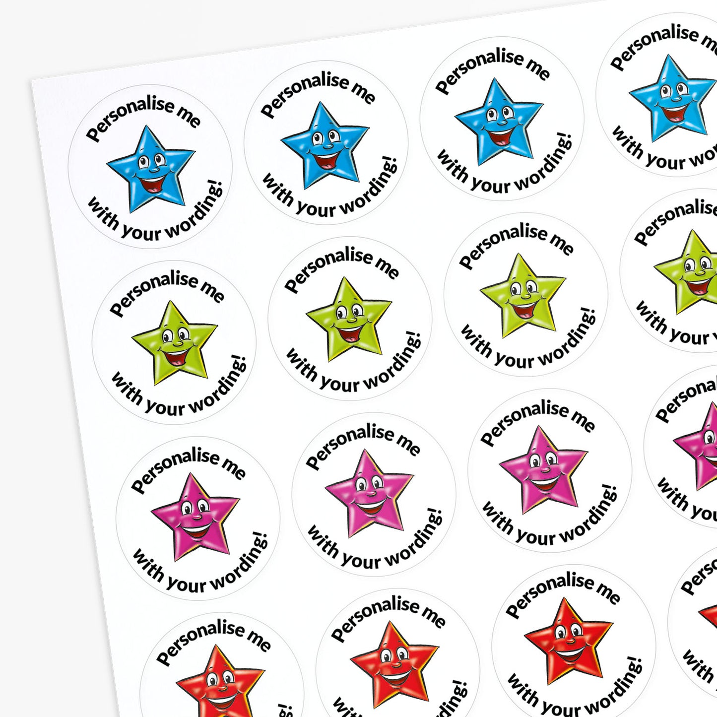 Sheet of star-shaped stickers with colorful faces and text 'Personalise me with your wording!' on a white background.