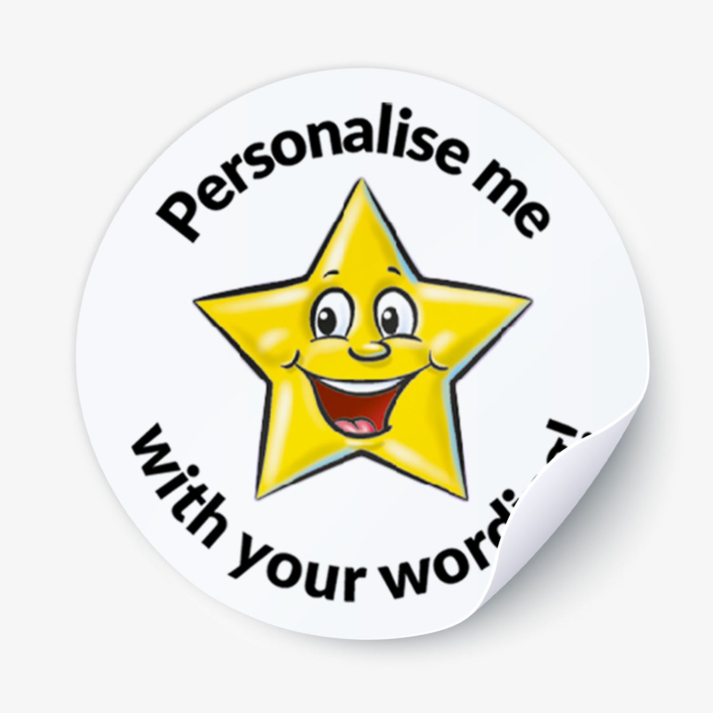 Round sticker with a smiling yellow star and text 'Personalise me with your word' on a white background