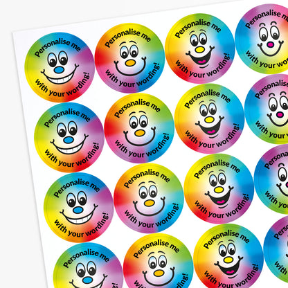 Sheet of colorful stickers with smiley faces and text 'Personalise me with your wording!' on a white background.