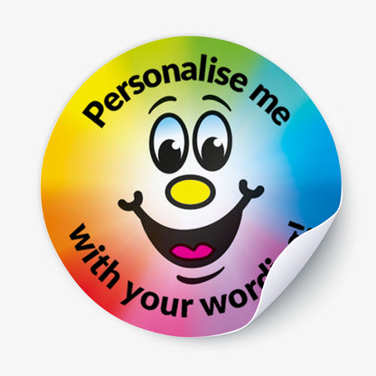 Round sticker with a smiley face and text 'Personalise me with your word' on a white background