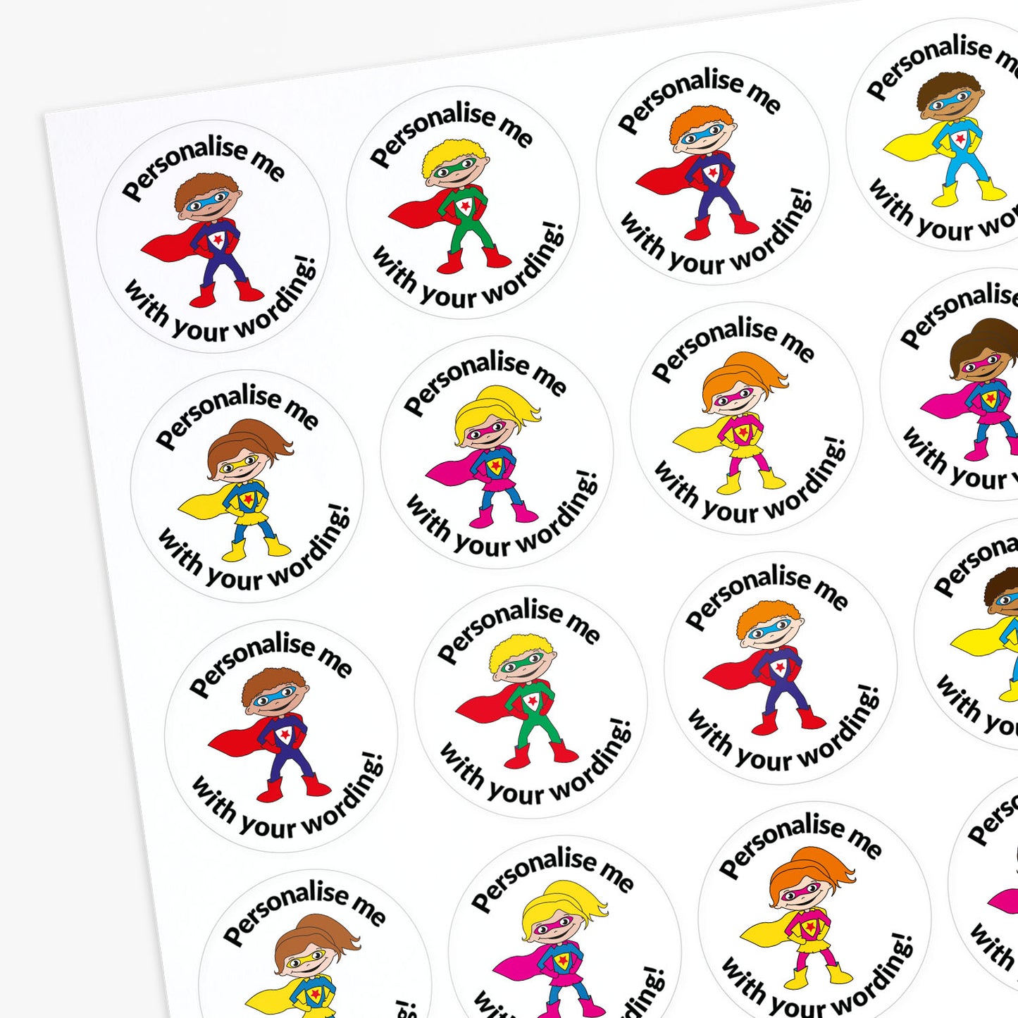 Superhero-themed stickers with customizable text on a white background