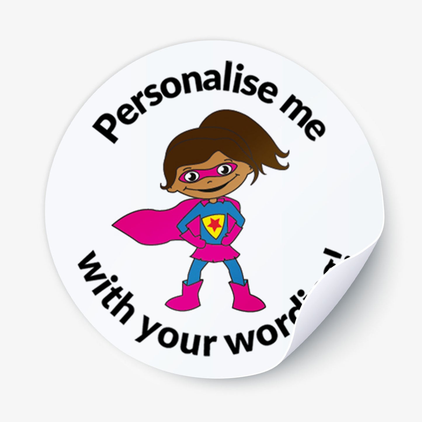 Circular sticker with superhero design and text 'Personalise me with your wording!' 