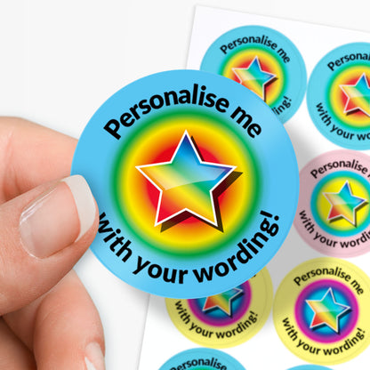 Colorful star-shaped stickers with 'Personalise me with your wording!' text, held by a hand.