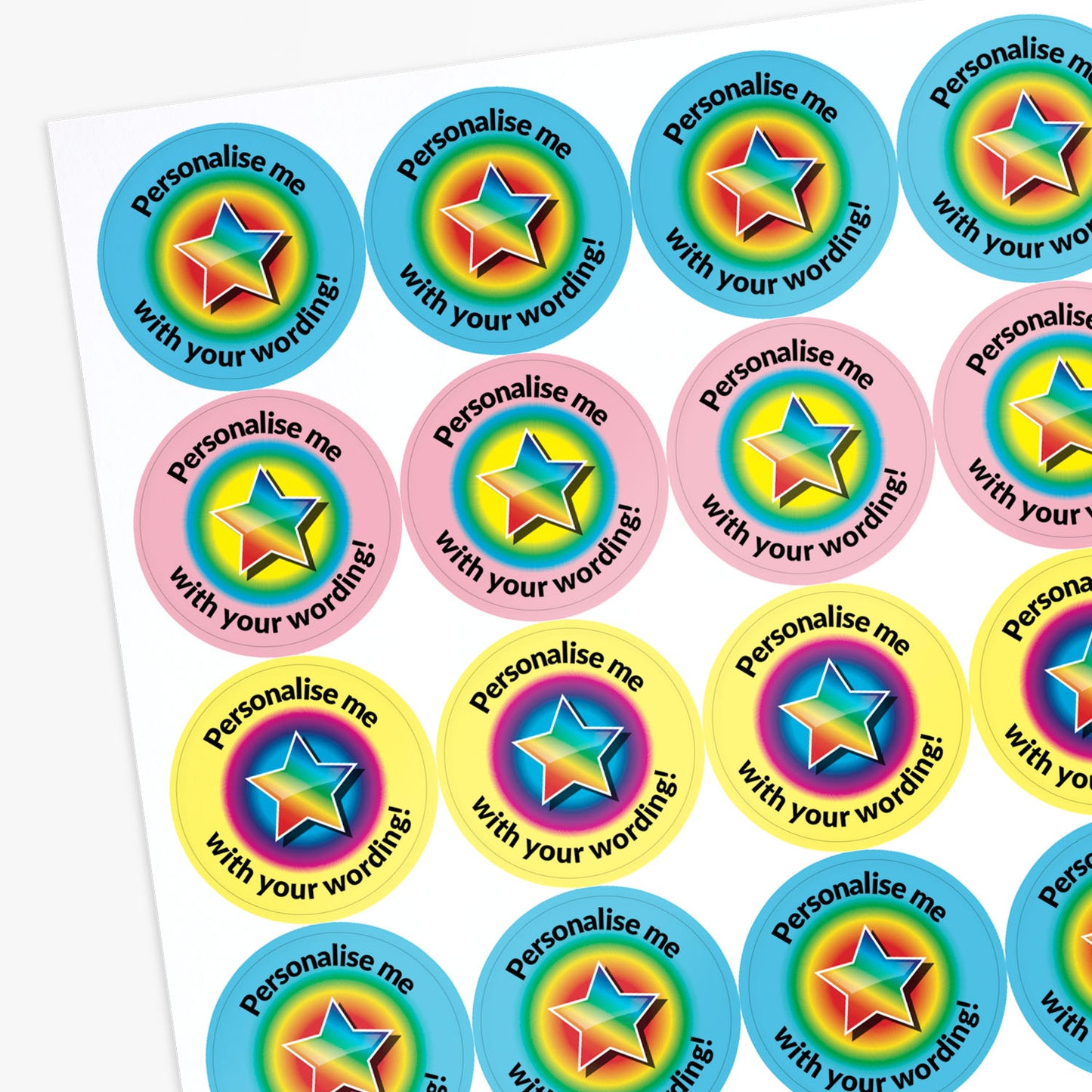 Colorful star-shaped stickers with text 'Personalise me with your wording!' on a white background.