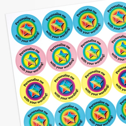 Colorful star-shaped stickers with text 'Personalise me with your wording!' on a white background.