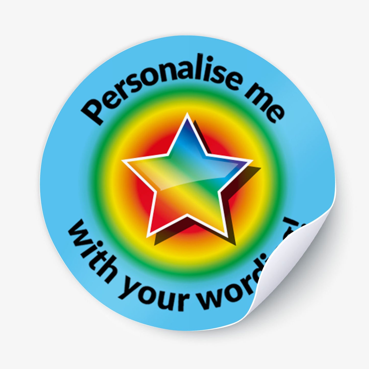 Round sticker with a colorful star and text 'Personalise me with your words' on a blue background