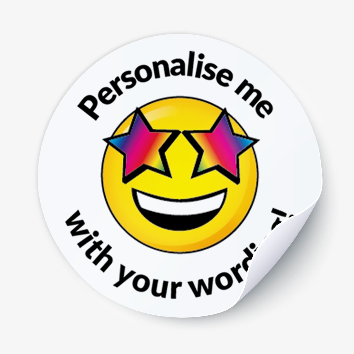 Round sticker with a smiley face wearing sunglasses and text 'Personalise me with your word' on a white background