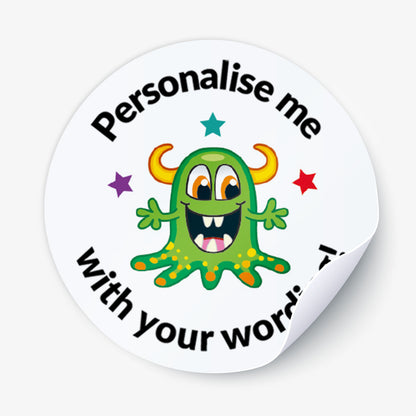 Round sticker with a green monster graphic and text 'Personalise me with your word' on a white background