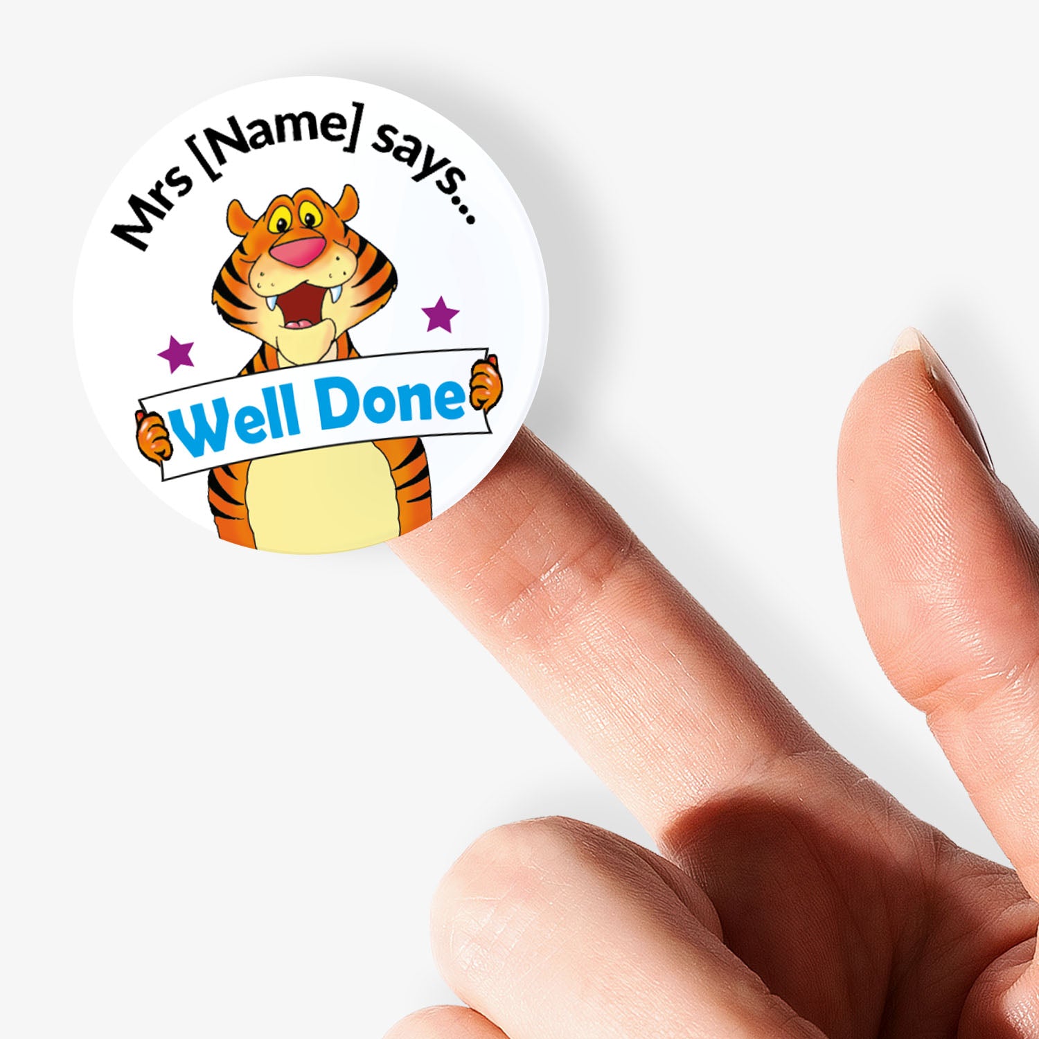 Sticker with a tiger character and 'Well Done' text held by one finger on a white background
