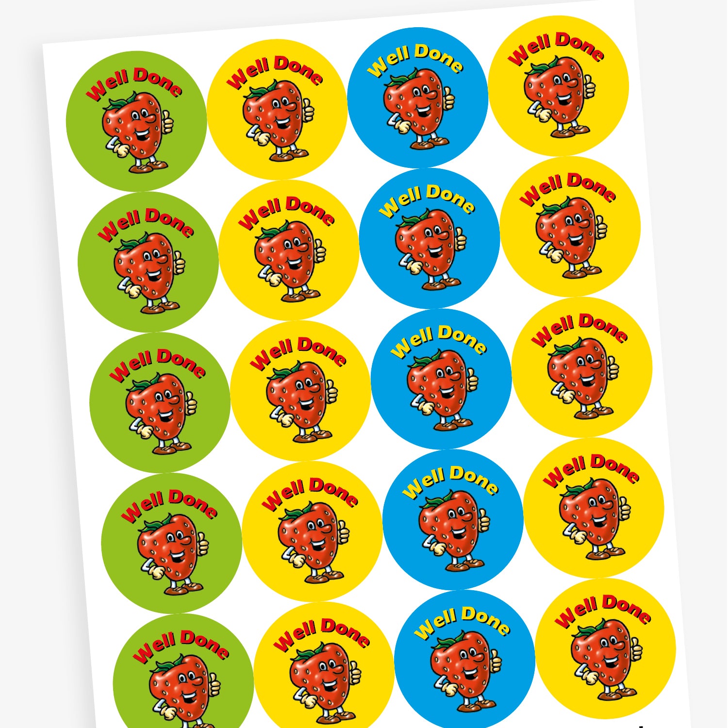 Sheet of strawberry scented, colourful round reward stickers featuring a smiling cartoon strawberry character giving a thumbs up. Each sticker has the text 'Well Done' at the top and comes in green, yellow, red, and blue backgrounds.