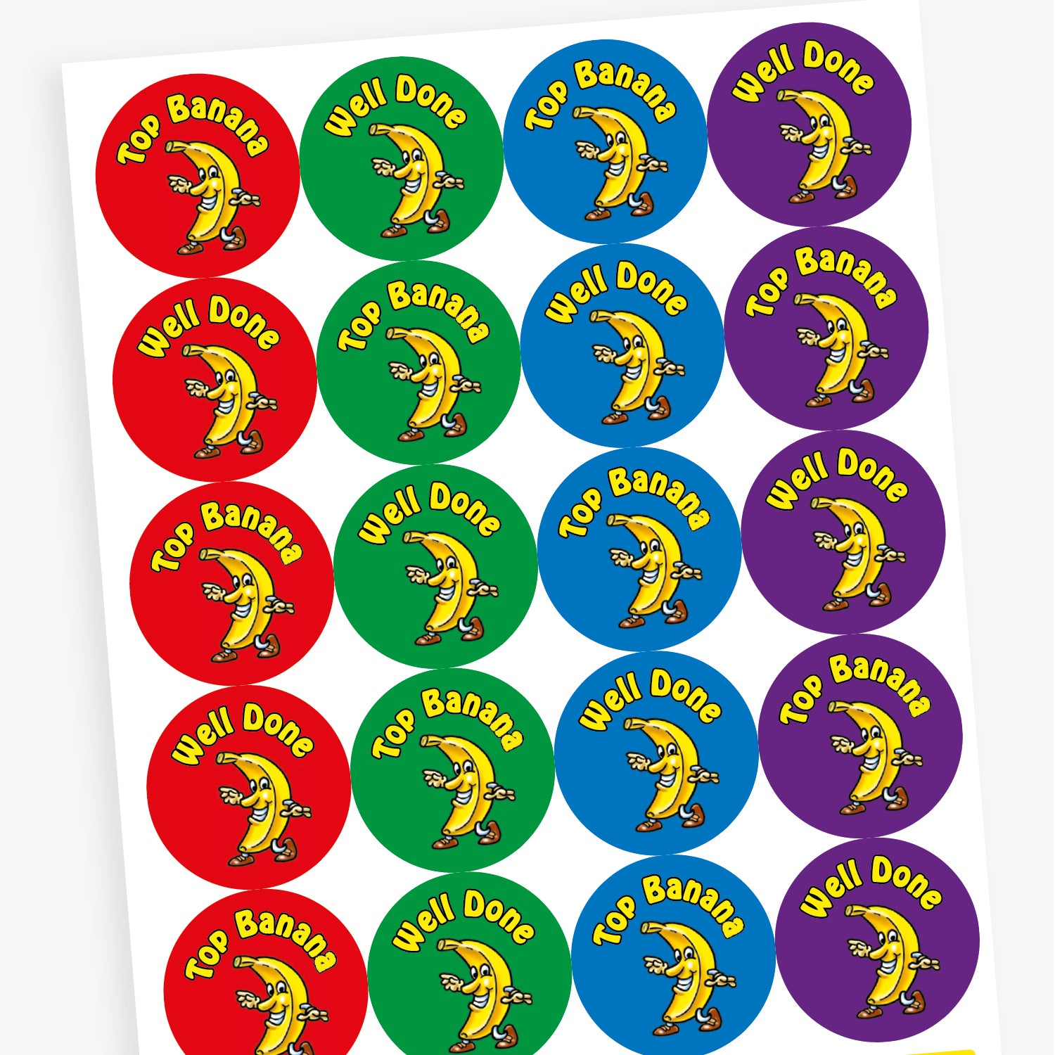An overview of a sheet of 32mm circular stickers with banana scent.  Each featuring a smiling banana who is dancing on brightly coloured backgrounds of red, purple, blue and green.  Phrases include 'Well Done' and 'Top Banana' above the image. 