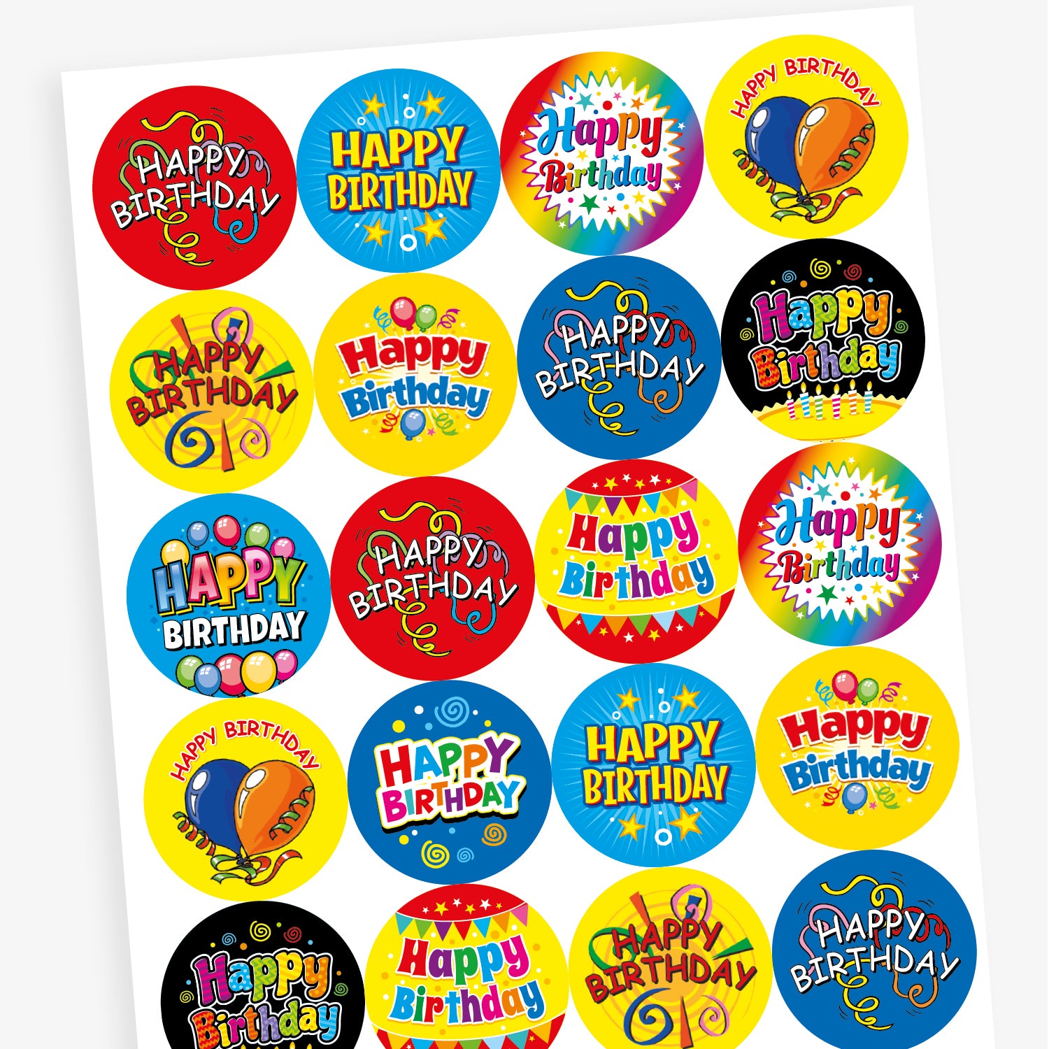 Sheet of strawberry scented round birthday stickers in various bright colours and designs. Each sticker features the phrase 'Happy Birthday' in different playful fonts, with decorative elements such as balloons, stars, swirls, and confetti. Backgrounds include red, yellow, rainbow, blue, and black themes.
