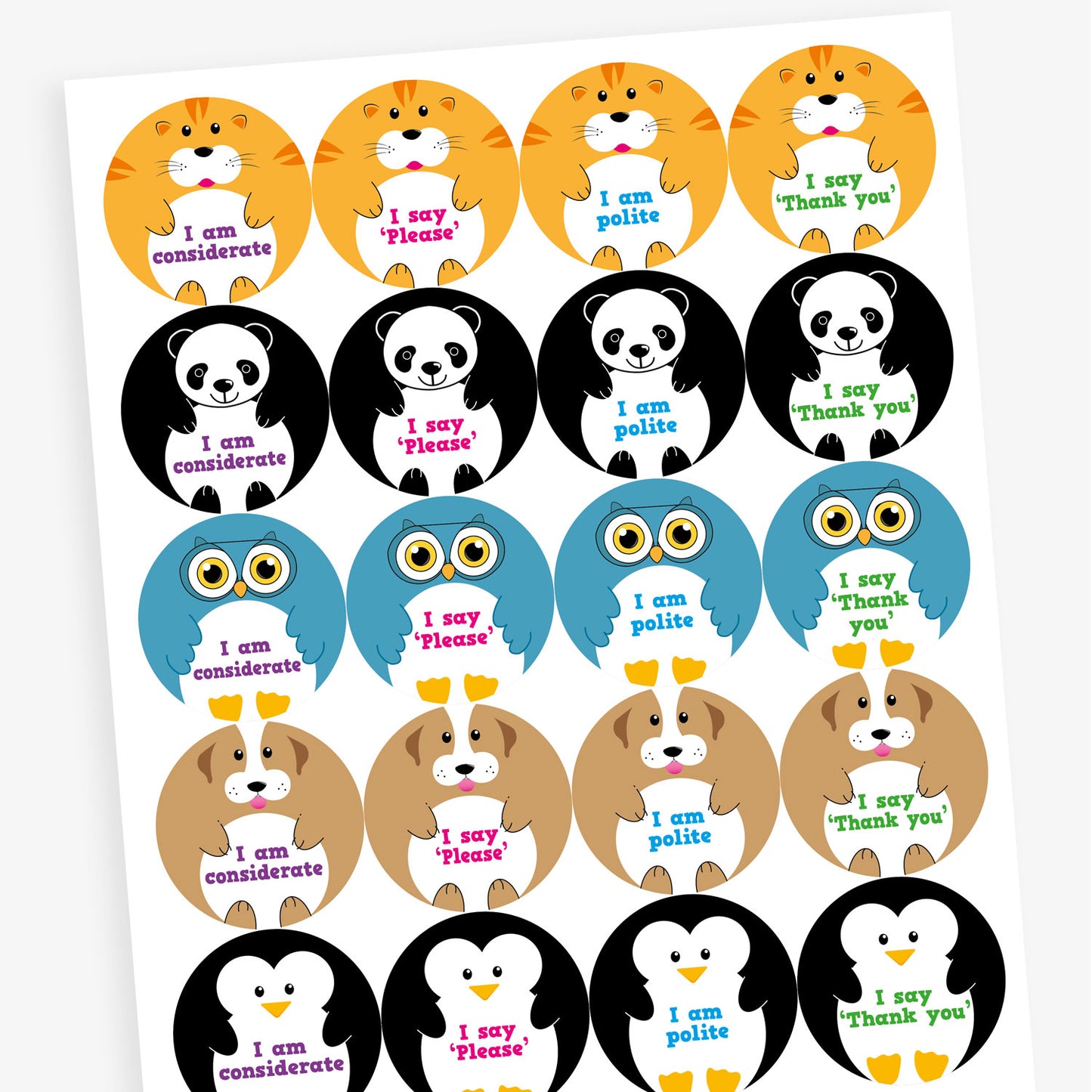 Sheet of round animal-themed stickers, each with a positive message. Designs include a cat saying 'I am considerate', a dog with 'I am kind', an owl stating 'I lined up quietly', and a panda with 'I say please'. Each cartoon animal holds a white circle displaying the message in colourful text.