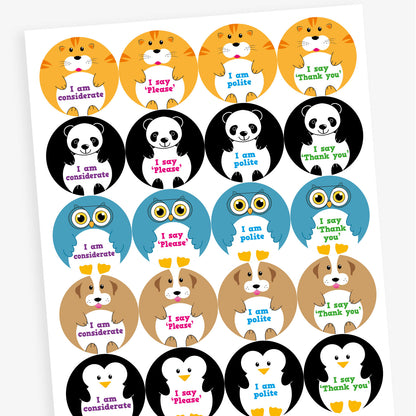 Sheet of round animal-themed stickers, each with a positive message. Designs include a cat saying 'I am considerate', a dog with 'I am kind', an owl stating 'I lined up quietly', and a panda with 'I say please'. Each cartoon animal holds a white circle displaying the message in colourful text.