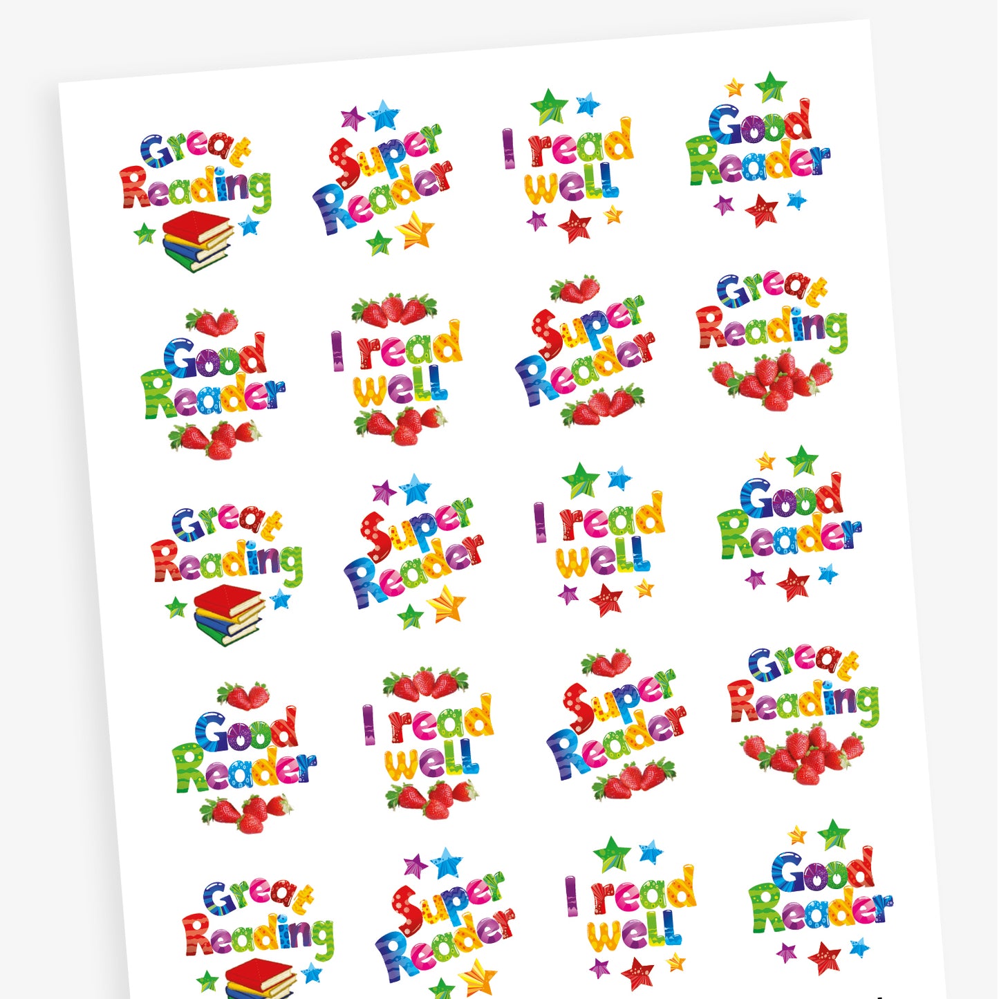 Sheet of strawberry scented round reward stickers with colourful text promoting reading achievements. Messages include 'Great Reading', 'Super Reader', 'Good Reader', and 'I read well', with accompanying illustrations of stars, strawberries, and a stack of books. Each sticker features vibrant, multicoloured lettering on a white background.