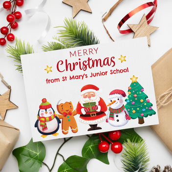 Christmas card with Santa Claus, penguin, gingerbread man, snowman, and tree on a festive background.