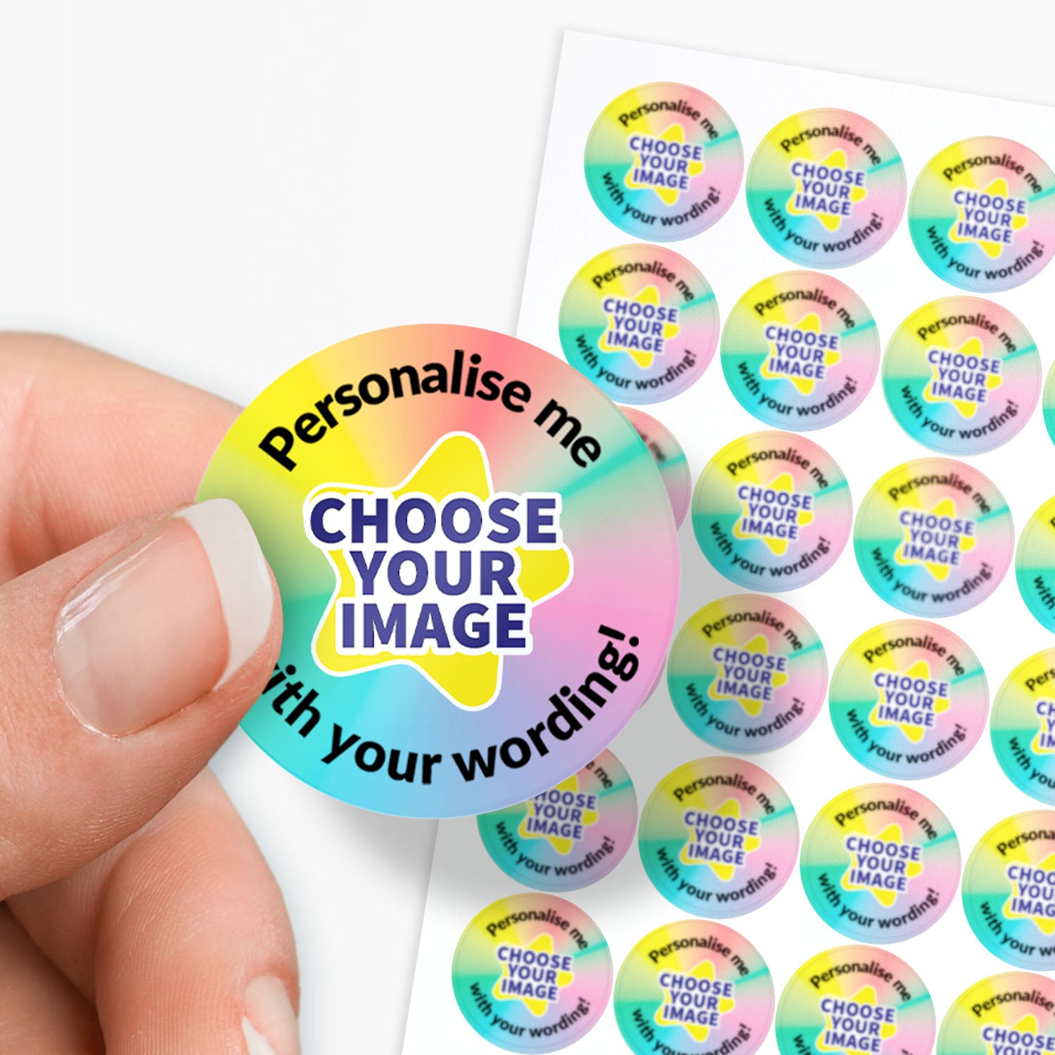 pastel multicoloured sticker with 'choose your image' central and text around saying 'Personalise me with your wording!'