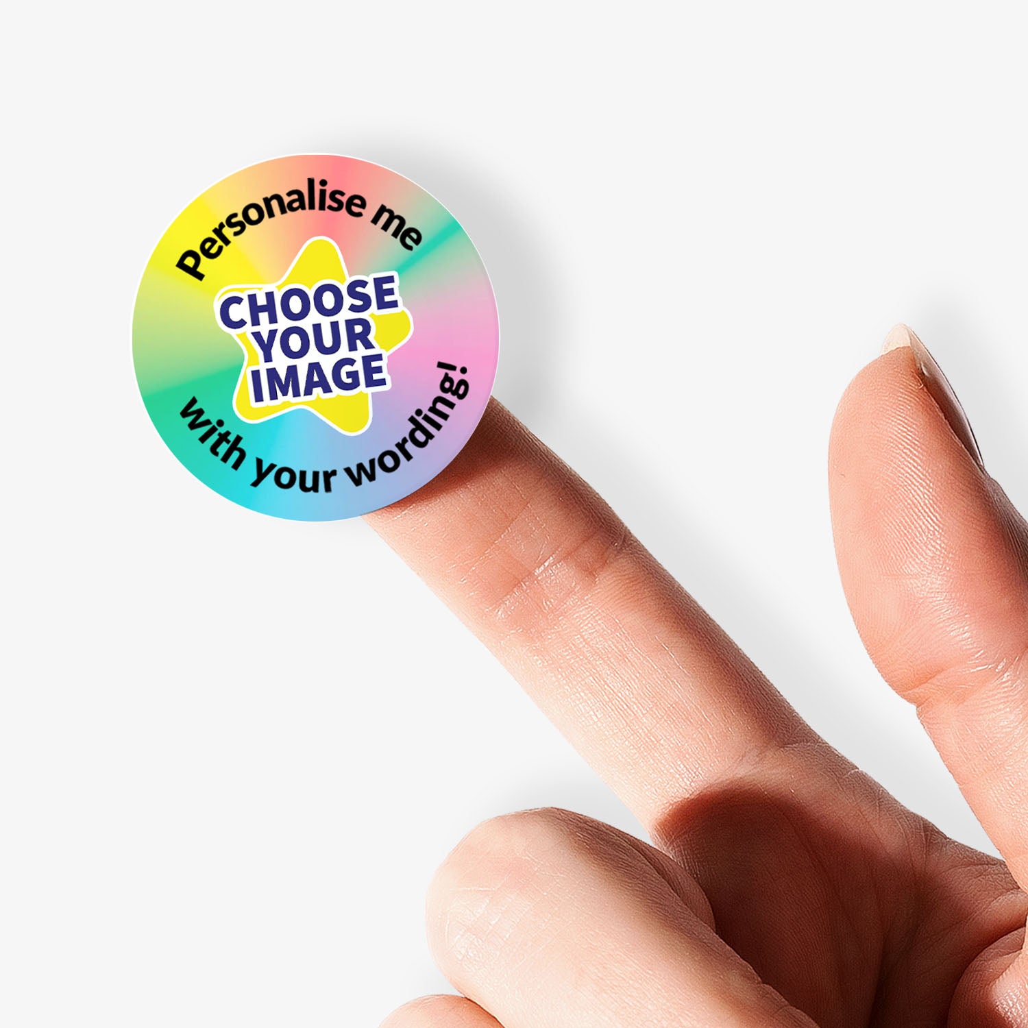 pastel multicoloured sticker with 'choose your image' central and text around saying 'Personalise me with your wording!'
