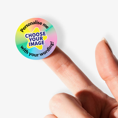 pastel multicoloured sticker with 'choose your image' central and text around saying 'Personalise me with your wording!'