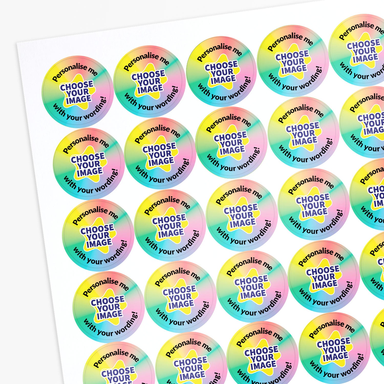 pastel multicoloured sticker sheetwith 'choose your image' central and text around saying 'Personalise me with your wording!'