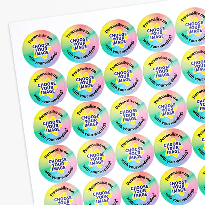 pastel multicoloured sticker sheetwith 'choose your image' central and text around saying 'Personalise me with your wording!'