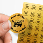 Gold sticker with 'choose your image' central and text around saying 'Personalise me with your wording!'