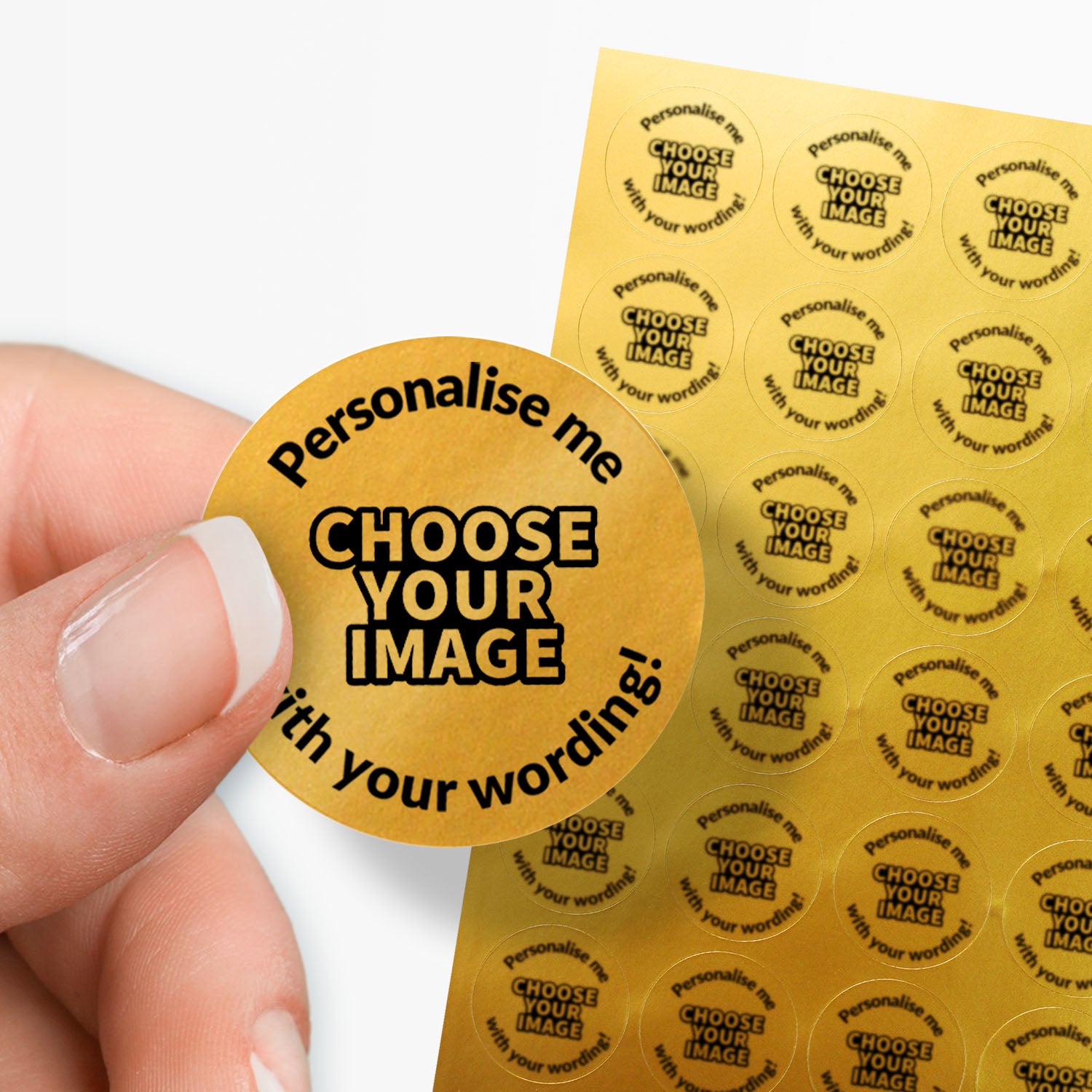 Gold sticker with 'choose your image' central and text around saying 'Personalise me with your wording!'