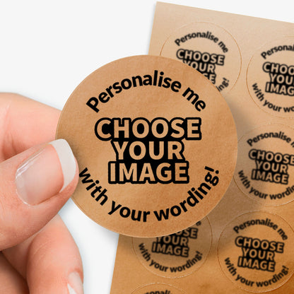 Round bronze stickers with text 'Personalise me, Choose Your Image with your wording!' held by a hand.