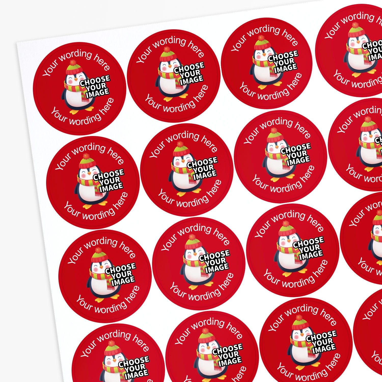 Sheet of round red stickers with penguin graphic and customizable text.