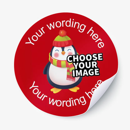 Round red sticker with penguin graphic and customizable text.