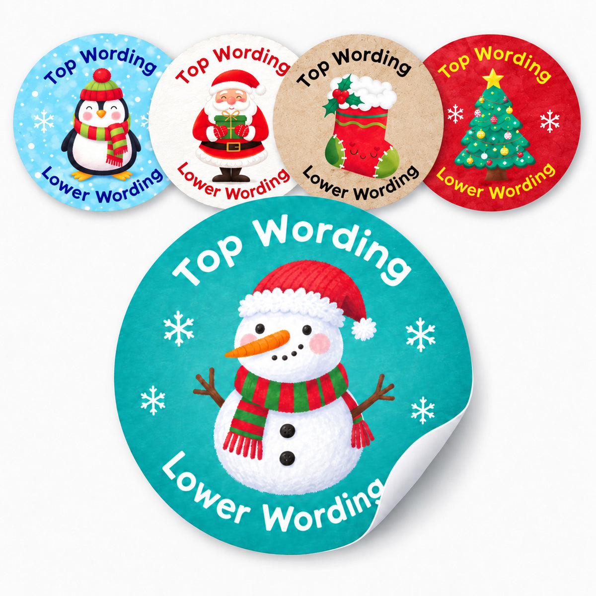 Personalised Christmas sticker set with five festive designs and peel-back snowman sticker