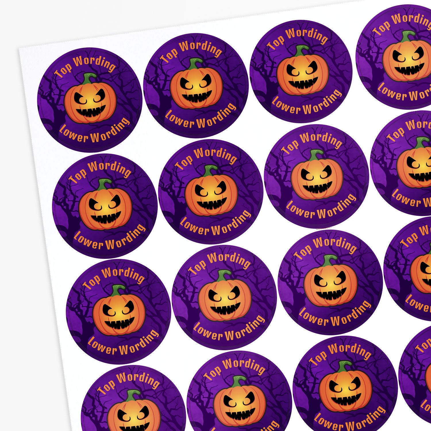 Halloween-themed stickers with pumpkins on a purple background