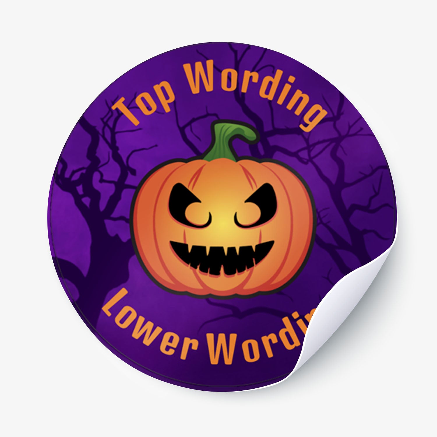 Halloween-themed sticker with a jack-o'-lantern and purple background