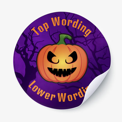 Halloween-themed sticker with a jack-o'-lantern and purple background