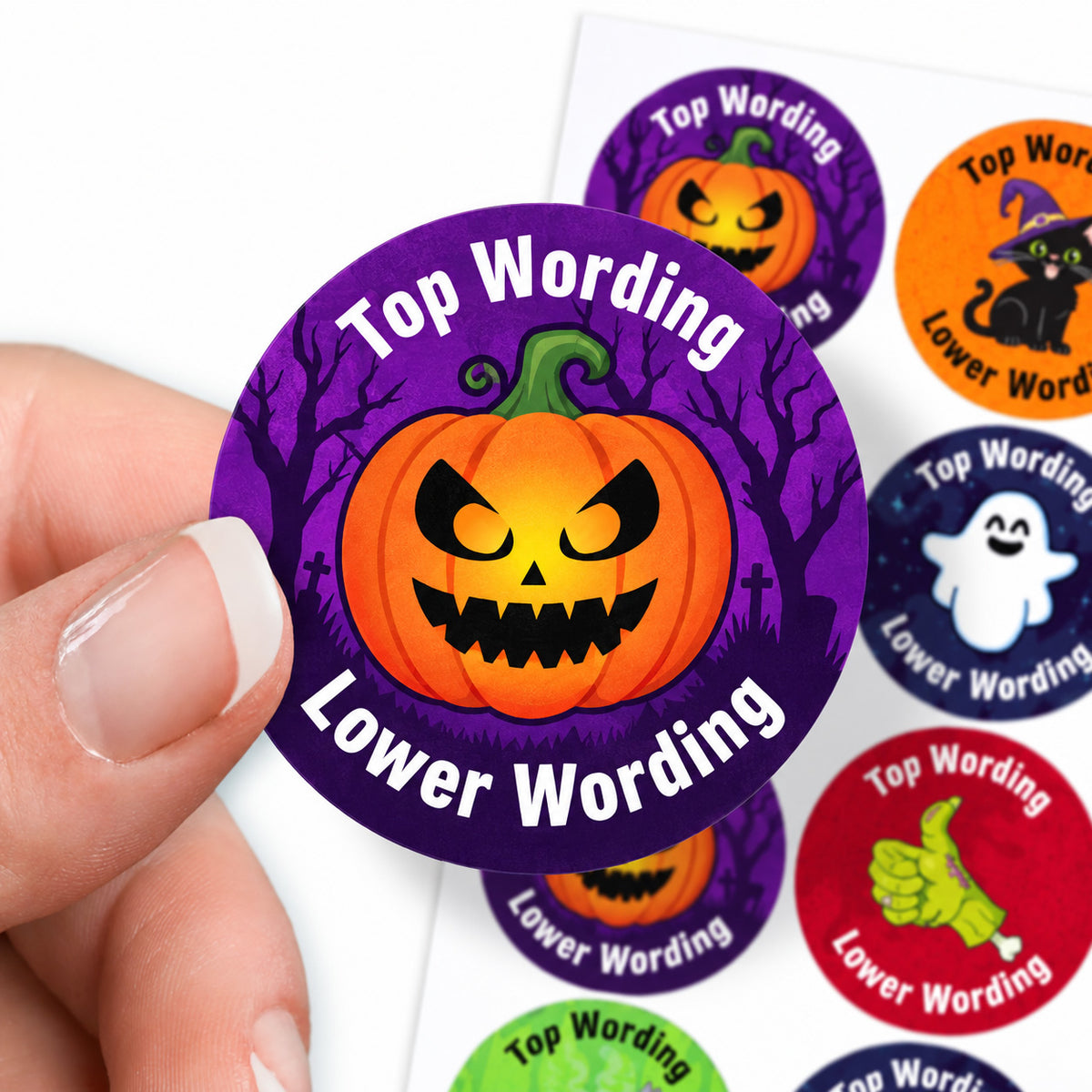 Hand holding a personalised Halloween sticker featuring a pumpkin design, with matching witch cat, ghost, zombie hand and cauldron stickers behind