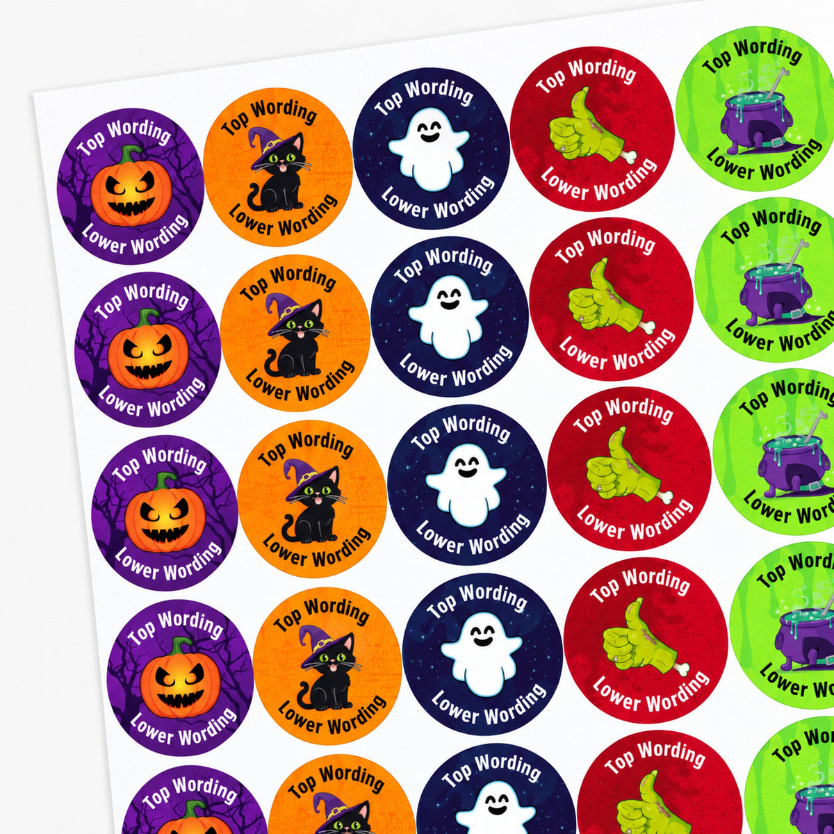 Sheet of round personalised Halloween stickers featuring pumpkin, witch cat, ghost, zombie hand and bubbling cauldron designs.